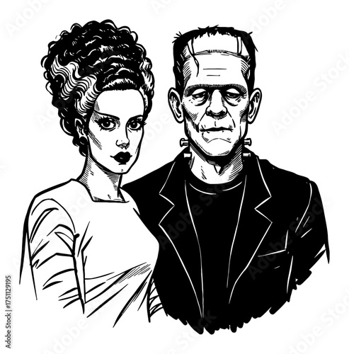 Frankenstein Bride and Monster Couple Portrait Black and White Outline Line Art Drawing