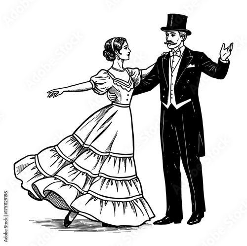 Elegant Couple Dancing Vintage Formal Wear Top Hat Suit Black and White Outline Line Art Drawing