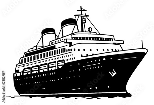 Classic Cruise Ship Ocean Liner Vintage Black and White Outline Line Art Drawing Logo Vector