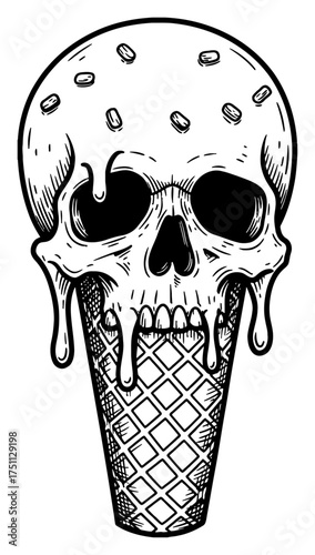Detailed Melting Skull Shaped Ice Cream Cone Dripping Design Black and White Outline Line Art Drawing
