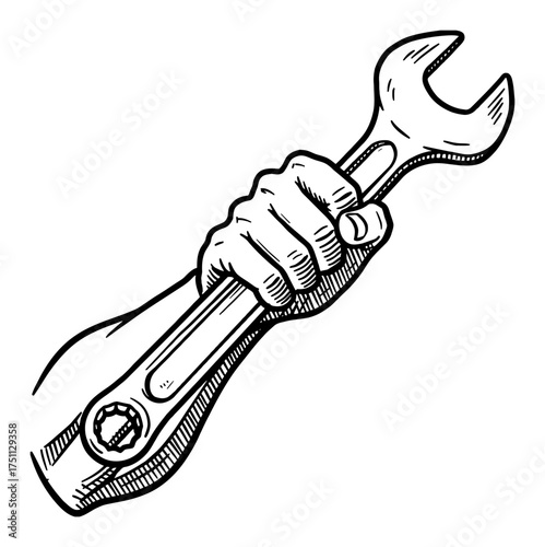 Detailed Muscular Hand Holding a Wrench Spanner Tool Black and White Outline Line Art Drawing