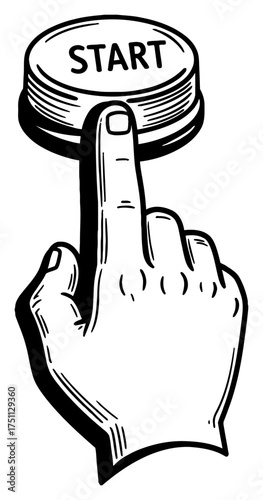 Detailed Hand Pressing Start Button 3D Style Vintage Black and White Outline Line Art Drawing