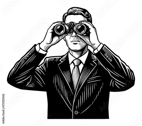Focused man in suit looking through binoculars Black and White Outline Line Art Drawing