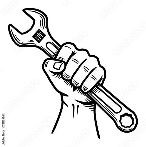 Muscular Hand Holding Wrench Spanner Tool Repair Service Black and White Outline Line Art Drawing