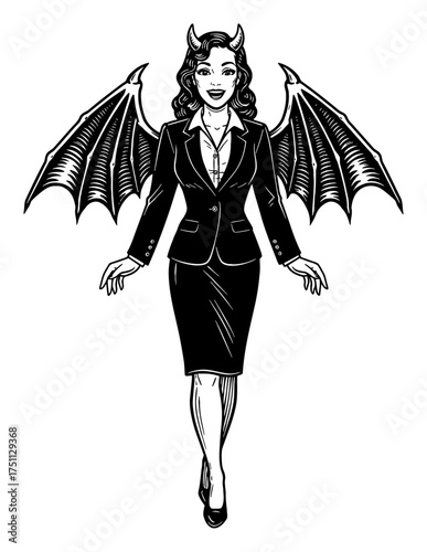 Retro Pinup Woman Devil with Horns Wings Office Suit Smiling Black and White Outline Line Art Drawing