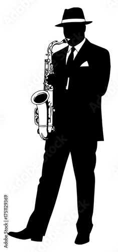 Man in Suit and Hat Playing Saxophone Simple Silhouette Style Black and White Outline Line Art Drawing