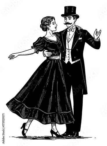 Elegant Couple Dancing in Vintage Formal Wear Gentleman Suit Top Hat Black and White Outline Line Art Drawing