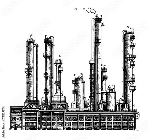 Oil Refinery Plant Structure with Pipelines Black and White Outline Line Art Drawing