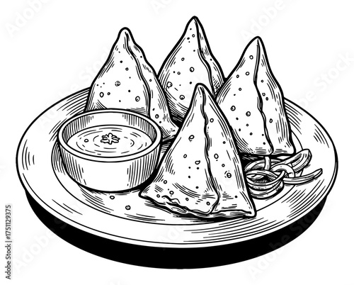 Four Samosas and Chutney Sauce on Plate Indian Appetizer Black and White Outline Line Art Drawing