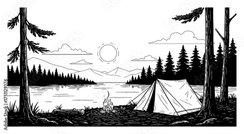 Serene Camping Tent Near Lake Trees Landscape Coloring Black and White Outline Line Art Drawing