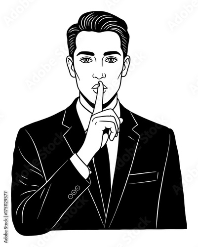 Handsome man wear suit and do silence hand gesture Black and White Outline Line Art Drawing Vector Illustration
