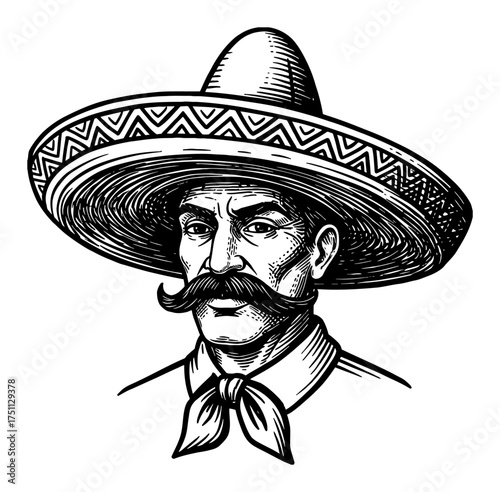 Mexican Man Wearing Sombrero Hat Moustache Head Portrait Vintage Black and White Outline Line Art Drawing