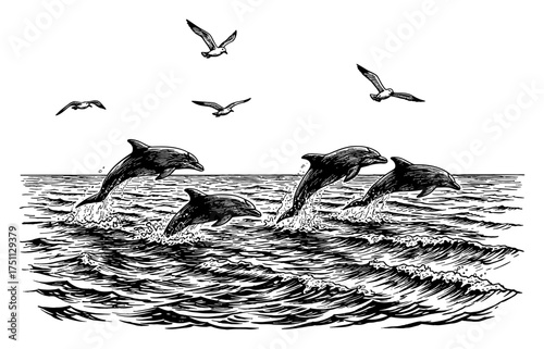 Three Dolphins Breaching from Sea Waves with Seagulls Flying Above Black and White Outline Line Art Drawing