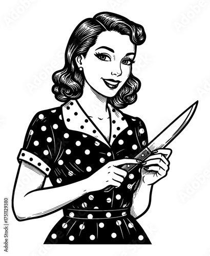 Smiling Caucasian Pinup Woman Holding a Knife Polka Dot Dress Black and White Outline Line Art Drawing