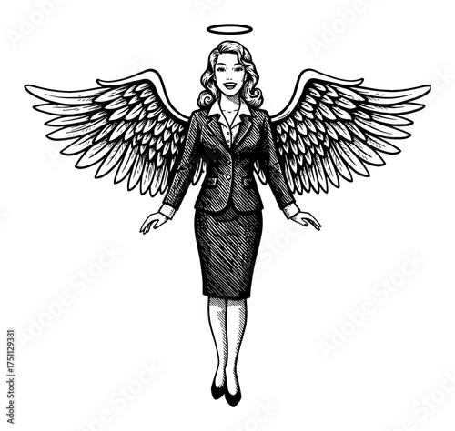 Retro Pinup Woman with Angel Wings Smiling Wearing Office Suit Black and White Outline Line Art Drawing