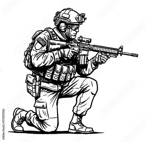 Military Soldier Ducking with Rifle Wearing Helmet Tactical Gear Black and White Outline Line Art Drawing