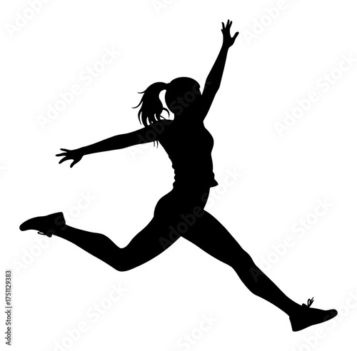 Dynamic Woman Jumping Pose Silhouette Movement Vector Style Black and White Outline Line Art Drawing Graphic
