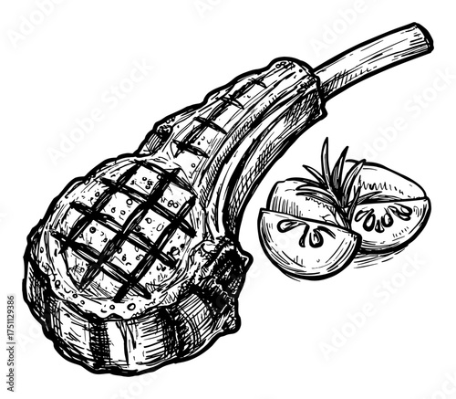 Appetizing Grilled Lamb Chop Meat Cutlet with Tomato Black and White Outline Line Art Drawing