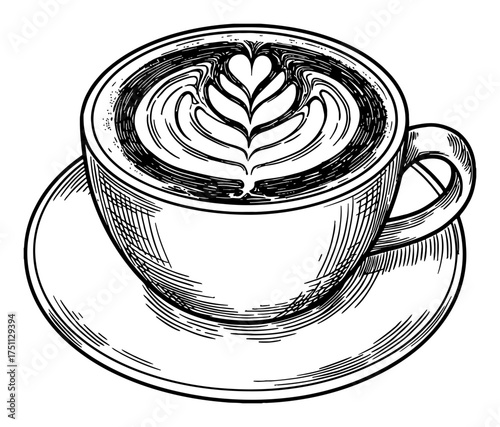 Coffee Cup with Latte Art Heart Design on Saucer Black and White Outline Line Art Drawing Vector Isolated