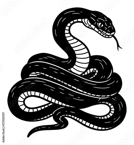 Coiled Snake with Tongue Out Simple Silhouette Symbol Black and White Outline Line Art Drawing