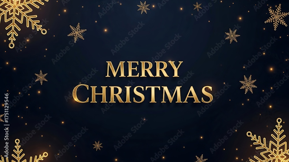 Naklejka premium Elegant Merry Christmas Greeting Card Design with Gold Snowflakes and Stars on Dark Blue Background, Perfect for Holiday Celebrations, Seasonal Greetings, Festive Decorations, and Winter Holiday
