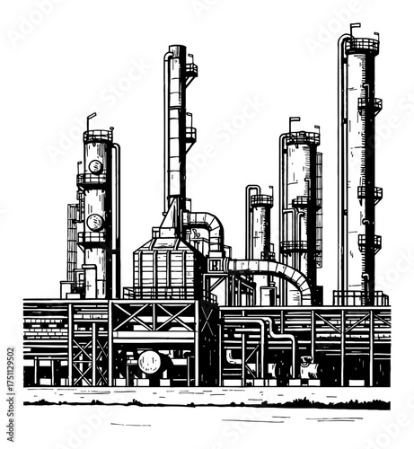 Oil Refinery Plant Facility with Complex Network of Pipelines Black and White Outline Line Art Drawing