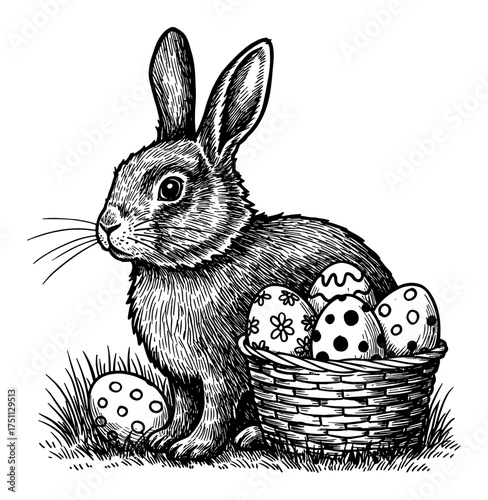Easter Bunny Rabbit and Decorated Eggs in Basket Black and White Outline Line Art Drawing