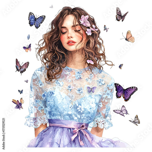 Watercolor Portrait of a Woman with Butterflies and Blue Dress
