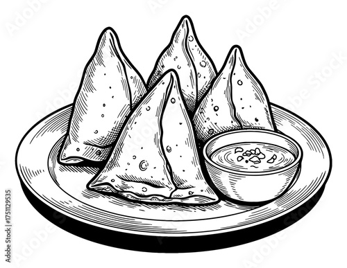 Four Samosas on a Plate with Dipping Sauce Black and White Outline Line Art Drawing Vintage Engraving Style