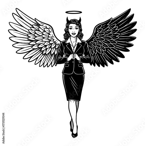 Retro Pinup Woman Devil Angel Hybrid Smiling in Office Suit Black and White Outline Line Art Drawing