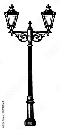 Tall Vintage Streetlight with Two Lamps Ornamental Black and White Outline Line Art Drawing