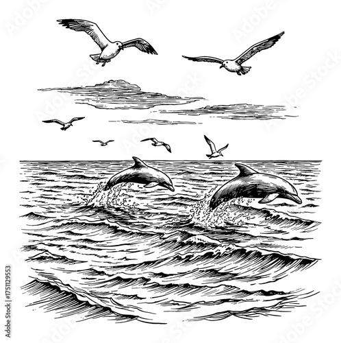 Sea Landscape with Dolphins Breaching from Waves and Flying Seagulls Black and White Outline Line Art Drawing