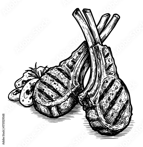 Two Grilled Lamb Chop Ribs Meat Serving Vintage Black and White Outline Line Art Drawing Vector Illustration