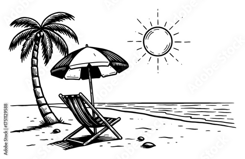 Detailed beach landscape with chair umbrella palm tree and sun Black and White Outline Line Art Drawing