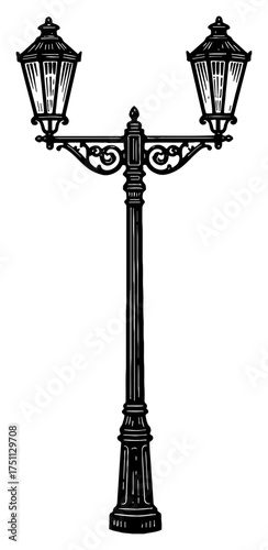 Tall Vintage Streetlight with Two Lamps Decorative Black and White Outline Line Art Drawing Vector