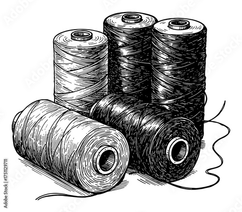 Vintage Spools of Thread Cord Black and White Outline Line Art Drawing Engrave Illustration Detail