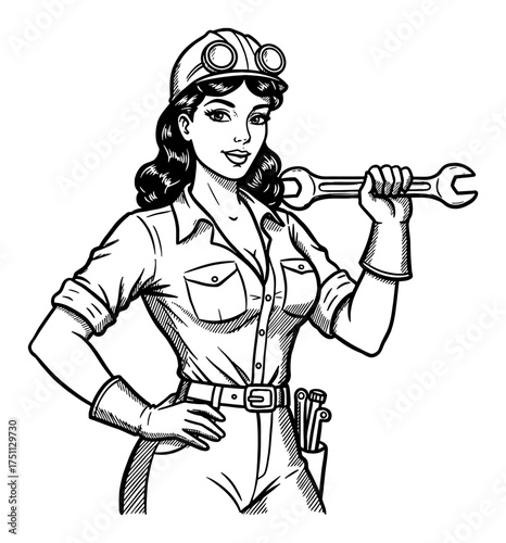 Vintage Pinup Woman Holding Wrench in Mechanic Outfit Black and White Outline Line Art Drawing