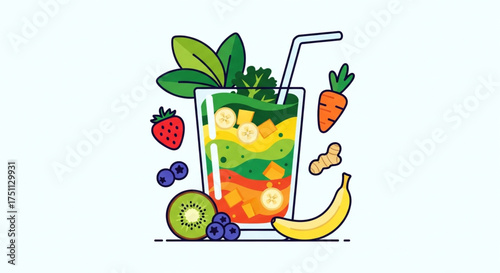 Illustration of a healthy smoothie with fruits and vegetables for a healthy lifestyle and diet concept