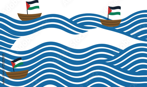 Three small boats with palestinian flags sailing on stylized blue waves with a white abstract shape in the center representing peace and hope vector