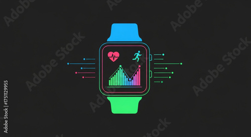 Smartwatch displaying health data with heart rate, steps, and graph on a dark background for fitness and technology concept