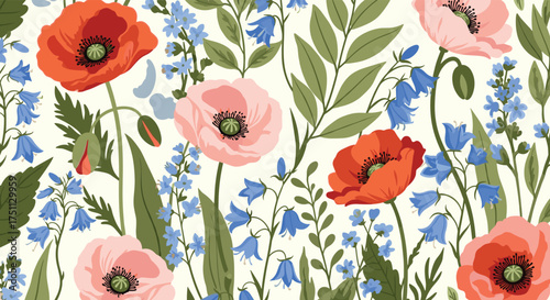 A delightful pattern of blooming poppies and delicate bluebell flowers set against a light background.