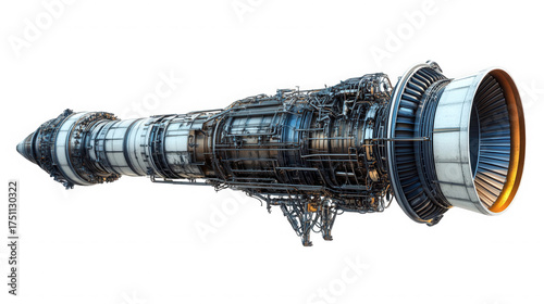 A detailed view of a jet engine with visible turbine blades and complex mechanical components shown on transparent background