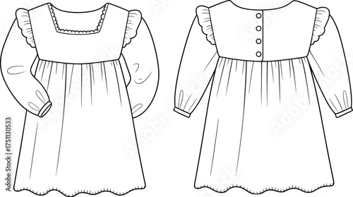 Baby girl dress flat sketch with ruffle sleeves, scalloped hem and back buttons – front and back fashion CAD