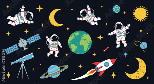 A vibrant illustration showcasing astronauts exploring the vastness of outer space alongside celestial bodies like planets moons and stars.