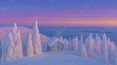 Serene Winter Landscape with Snow-Covered House Surrounded by Frosty Trees Against a Vibrant Sky at Dusk