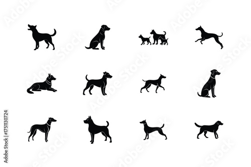 Collection of silhouetted dogs in various poses and breeds