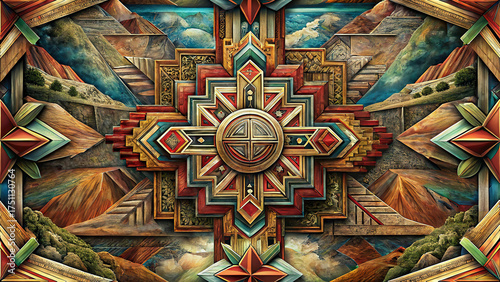 Peru Chakana Cross Inca Sacred Geometry Pattern, Andean Stepped Cross Mandala with Stone Mountain Motifs, Peruvian Tribal Geometric Background in Terracotta and Turquoise