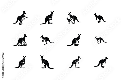 Collection of silhouetted kangaroos in various poses and sizes on a white background