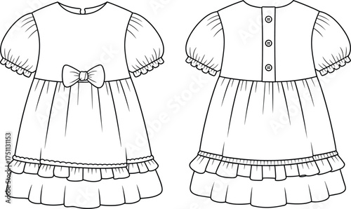 Baby girl dress flat sketch, cute puff sleeve dress, vector cad drawing, ruffle hem design, bow front clothing template