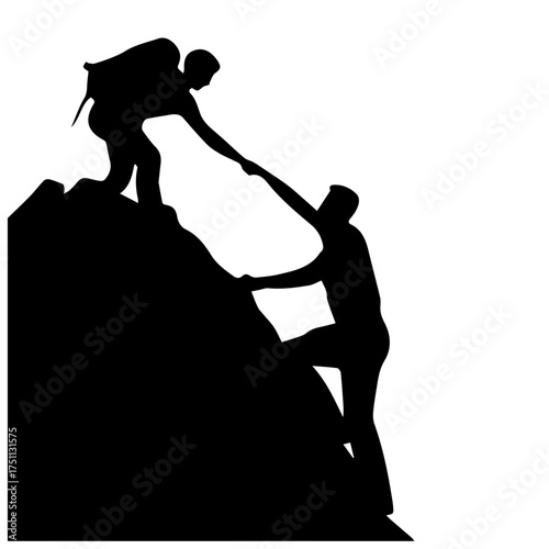 Two people climbing mountain, teamwork and helping hand